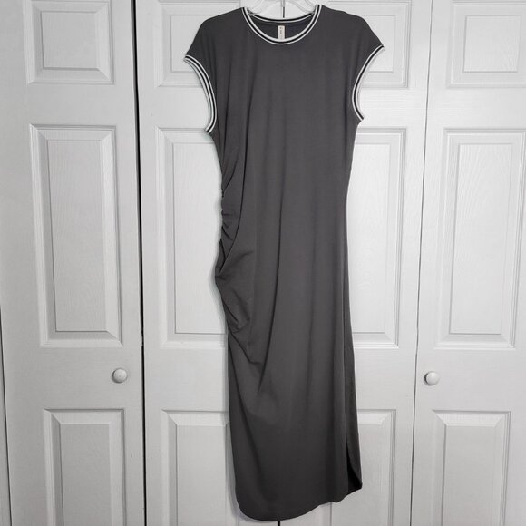 Anthropologie Daily Practice Striped Trim Ruched Midi Dress - Picture 2 of 6